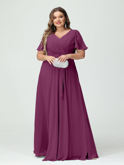 Forme Princesse Col en V Manches courtes Mousseline de soie Fendue sur le côté Grande taille Robes de demoiselle d'honneur avec poches Ceinture