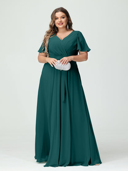 Forme Princesse Col en V Manches courtes Mousseline de soie Fendue sur le côté Grande taille Robes de demoiselle d'honneur avec poches Ceinture