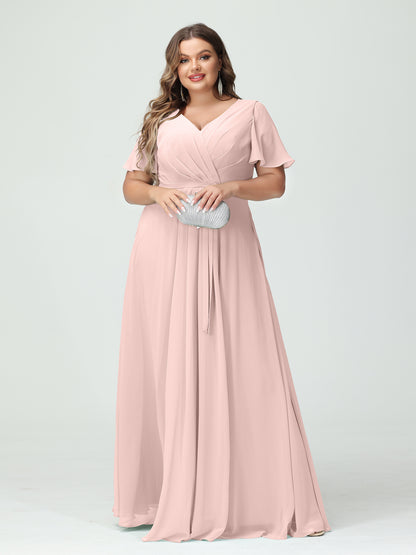 Forme Princesse Col en V Manches courtes Mousseline de soie Fendue sur le côté Grande taille Robes de demoiselle d'honneur avec poches Ceinture