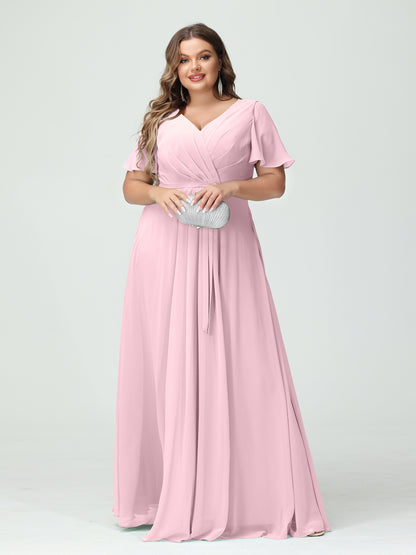 Forme Princesse Col en V Manches courtes Mousseline de soie Fendue sur le côté Grande taille Robes de demoiselle d'honneur avec poches Ceinture