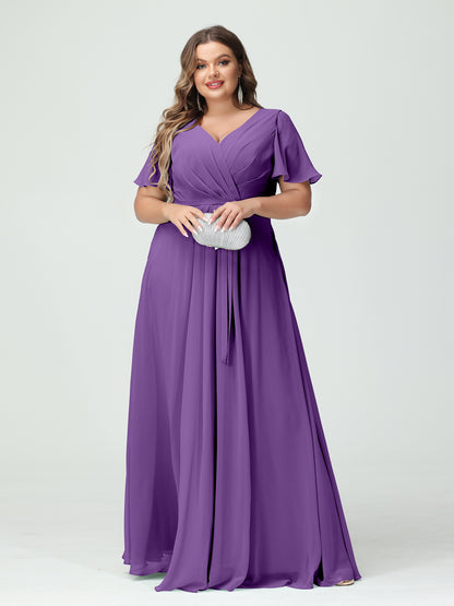 Forme Princesse Col en V Manches courtes Mousseline de soie Fendue sur le côté Grande taille Robes de demoiselle d'honneur avec poches Ceinture