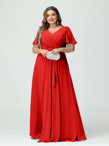 Forme Princesse Col en V Manches courtes Mousseline de soie Fendue sur le côté Grande taille Robes de demoiselle d'honneur avec poches Ceinture