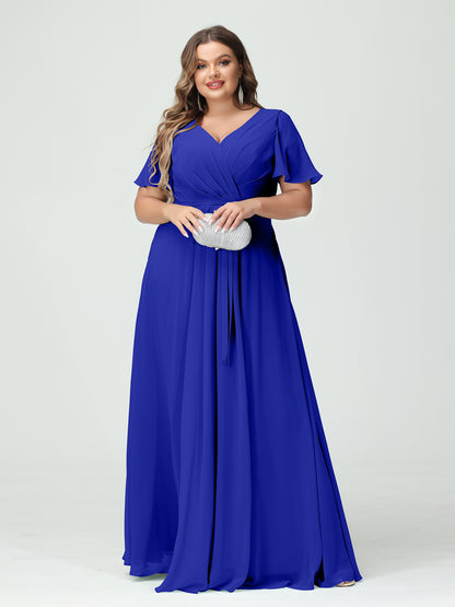 Forme Princesse Col en V Manches courtes Mousseline de soie Fendue sur le côté Grande taille Robes de demoiselle d'honneur avec poches Ceinture