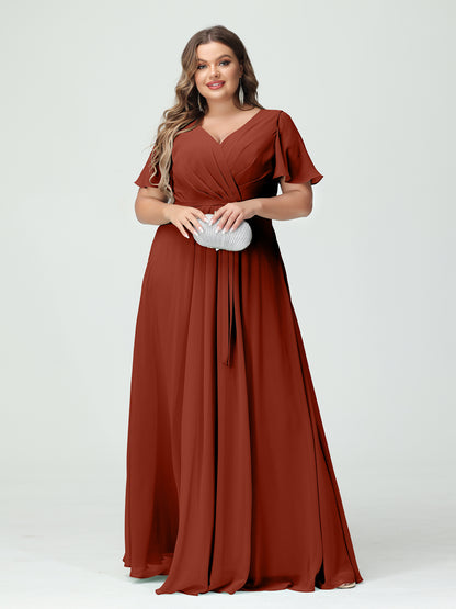 Forme Princesse Col en V Manches courtes Mousseline de soie Fendue sur le côté Grande taille Robes de demoiselle d'honneur avec poches Ceinture
