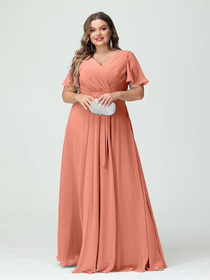 Forme Princesse Col en V Manches courtes Mousseline de soie Fendue sur le côté Grande taille Robes de demoiselle d'honneur avec poches Ceinture