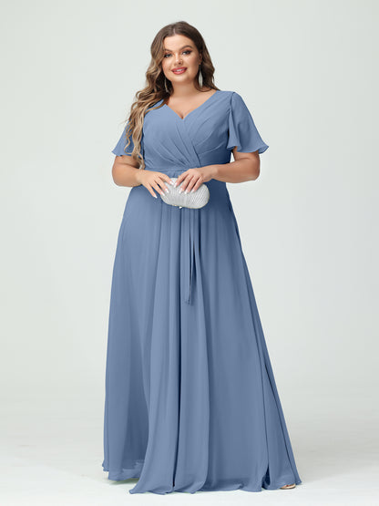 Forme Princesse Col en V Manches courtes Mousseline de soie Fendue sur le côté Grande taille Robes de demoiselle d'honneur avec poches Ceinture