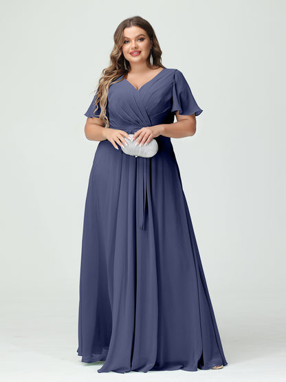 Forme Princesse Col en V Manches courtes Mousseline de soie Fendue sur le côté Grande taille Robes de demoiselle d'honneur avec poches Ceinture