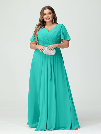 Forme Princesse Col en V Manches courtes Mousseline de soie Fendue sur le côté Grande taille Robes de demoiselle d'honneur avec poches Ceinture