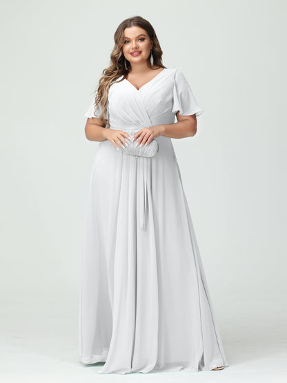 Forme Princesse Col en V Manches courtes Mousseline de soie Fendue sur le côté Grande taille Robes de demoiselle d'honneur avec poches Ceinture