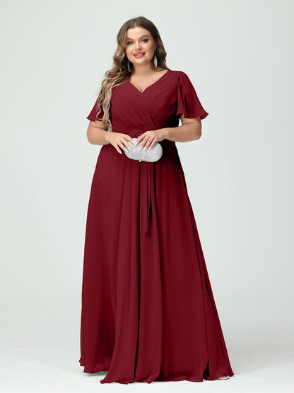 Forme Princesse Col en V Manches courtes Mousseline de soie Fendue sur le côté Grande taille Robes de demoiselle d'honneur avec poches Ceinture