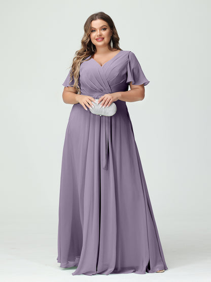Forme Princesse Col en V Manches courtes Mousseline de soie Fendue sur le côté Grande taille Robes de demoiselle d'honneur avec poches Ceinture