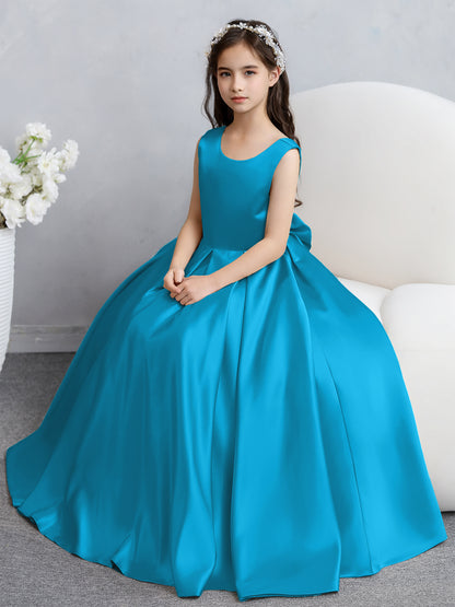 Robes de fille de fleur en satin à col rond avec nœud papillon