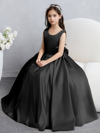 Robes de fille de fleur en satin à col rond avec nœud papillon