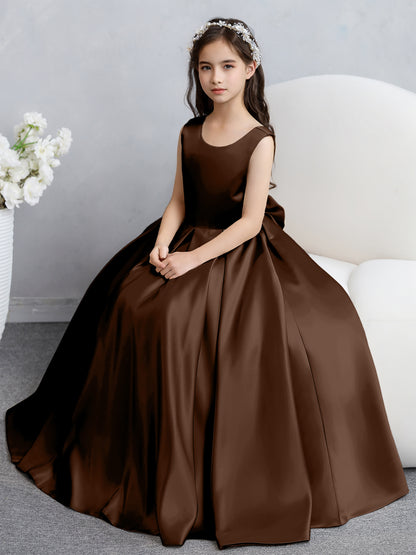 Robes de fille de fleur en satin à col rond avec nœud papillon