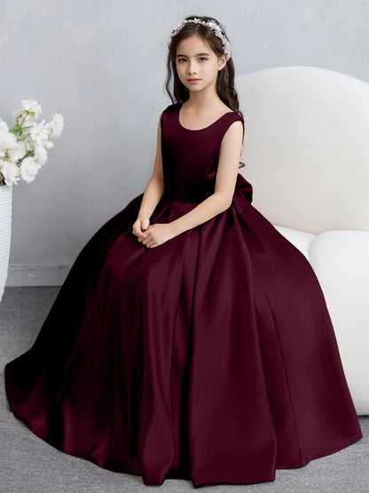 Robes de fille de fleur en satin à col rond avec nœud papillon