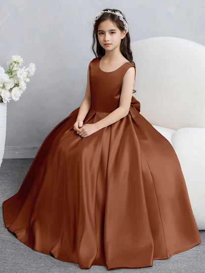 Robes de fille de fleur en satin à col rond avec nœud papillon