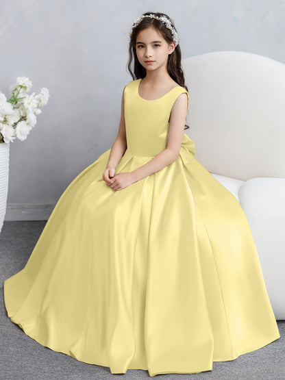 Robes de fille de fleur en satin à col rond avec nœud papillon