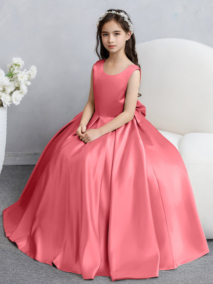 Robes de fille de fleur en satin à col rond avec nœud papillon