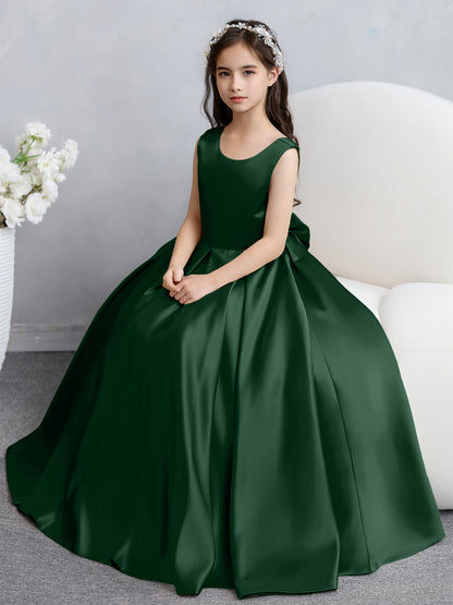 Robes de fille de fleur en satin à col rond avec nœud papillon