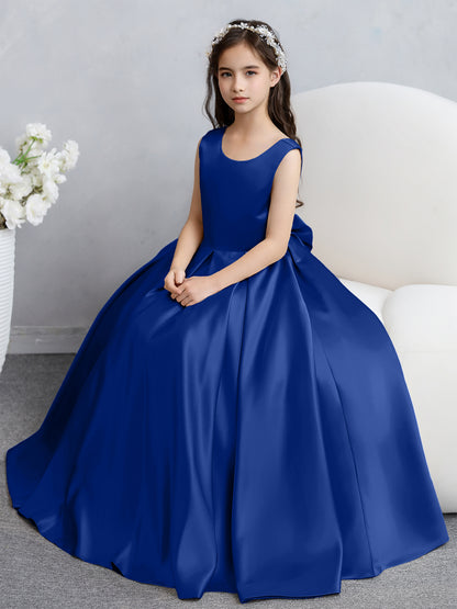 Robes de fille de fleur en satin à col rond avec nœud papillon