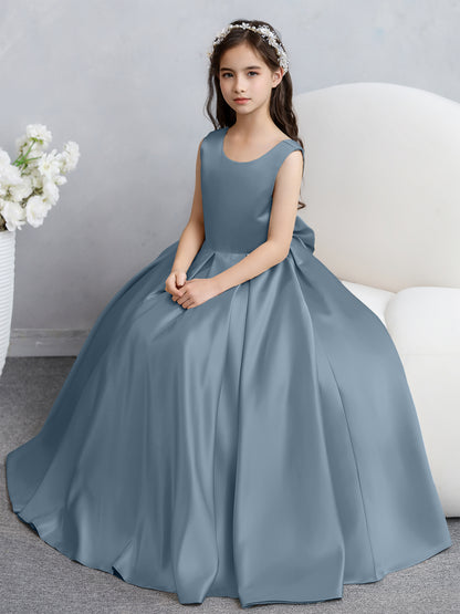 Robes de fille de fleur en satin à col rond avec nœud papillon