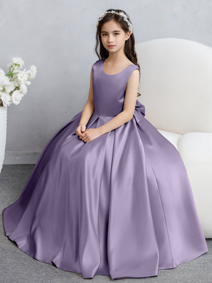 Robes de fille de fleur en satin à col rond avec nœud papillon