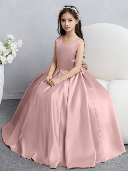 Robes de fille de fleur en satin à col rond avec nœud papillon