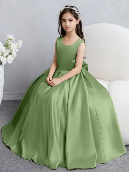 Robes de fille de fleur en satin à col rond avec nœud papillon
