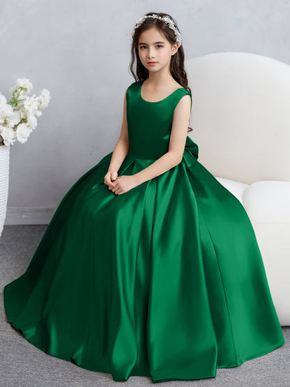 Robes de fille de fleur en satin à col rond avec nœud papillon