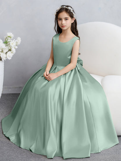 Robes de fille de fleur en satin à col rond avec nœud papillon
