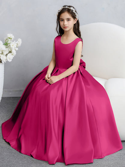 Robes de fille de fleur en satin à col rond avec nœud papillon