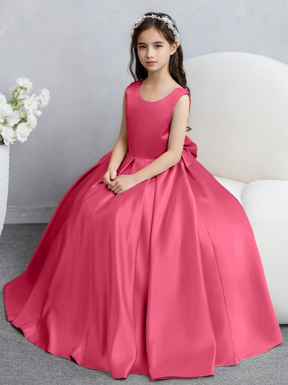 Robes de fille de fleur en satin à col rond avec nœud papillon
