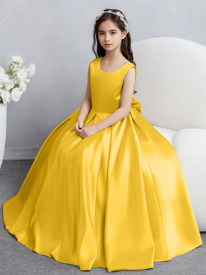 Robes de fille de fleur en satin à col rond avec nœud papillon