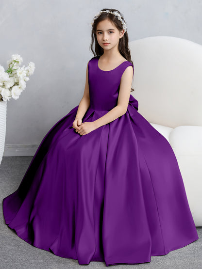 Robes de fille de fleur en satin à col rond avec nœud papillon