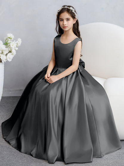 Robes de fille de fleur en satin à col rond avec nœud papillon