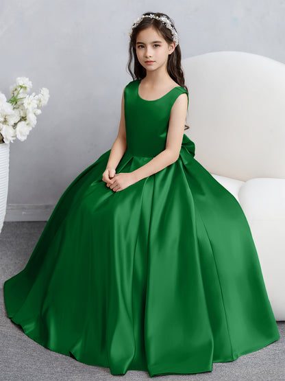 Robes de fille de fleur en satin à col rond avec nœud papillon
