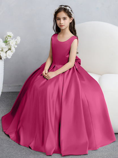 Robes de fille de fleur en satin à col rond avec nœud papillon