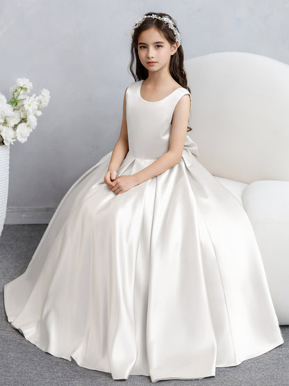 Robes de fille de fleur en satin à col rond avec nœud papillon