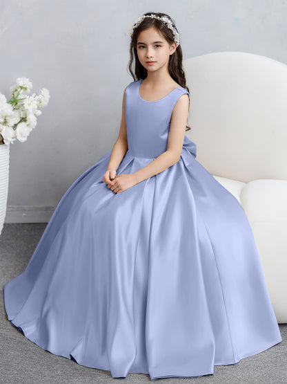 Robes de fille de fleur en satin à col rond avec nœud papillon