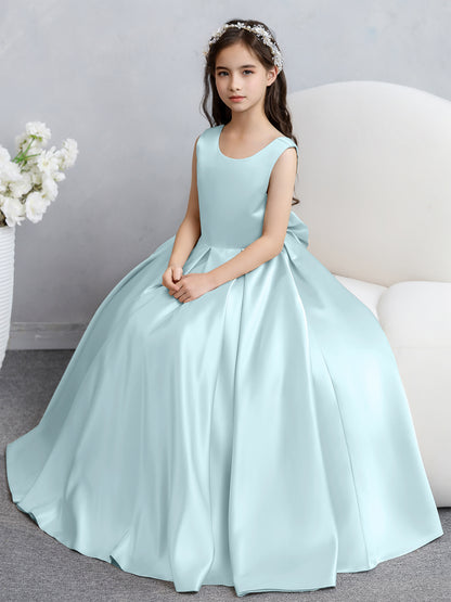 Robes de fille de fleur en satin à col rond avec nœud papillon
