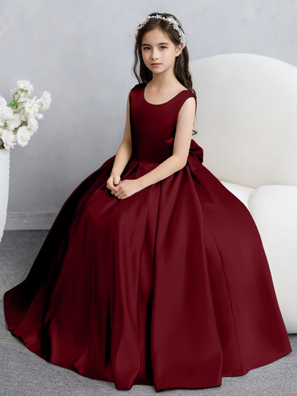 Robes de fille de fleur en satin à col rond avec nœud papillon