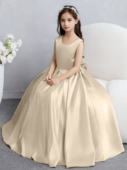 Robes de fille de fleur en satin à col rond avec nœud papillon