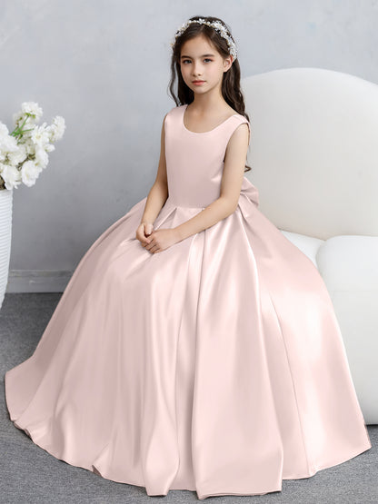 Robes de fille de fleur en satin à col rond avec nœud papillon
