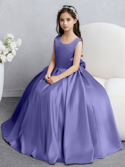 Robes de fille de fleur en satin à col rond avec nœud papillon