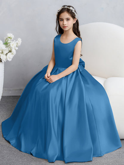 Robes de fille de fleur en satin à col rond avec nœud papillon
