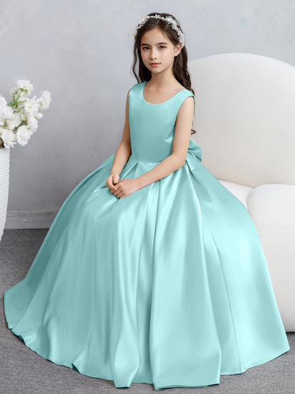 Robes de fille de fleur en satin à col rond avec nœud papillon