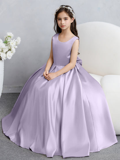 Robes de fille de fleur en satin à col rond avec nœud papillon