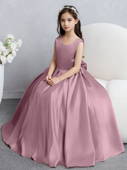 Robes de fille de fleur en satin à col rond avec nœud papillon