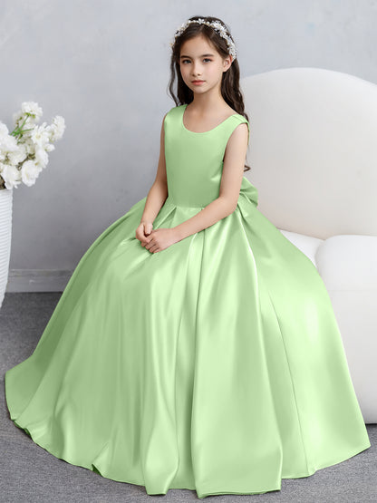 Robes de fille de fleur en satin à col rond avec nœud papillon