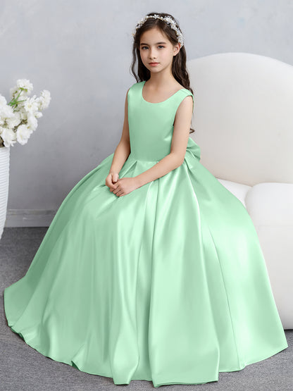 Robes de fille de fleur en satin à col rond avec nœud papillon